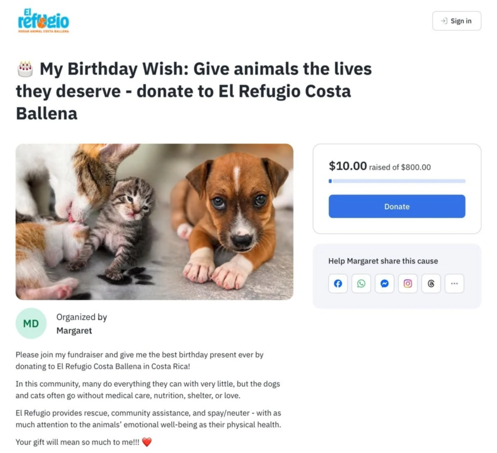 The Fundraiser page example that show the Fundraiser title, photo, description, goal meter, and Donate button.